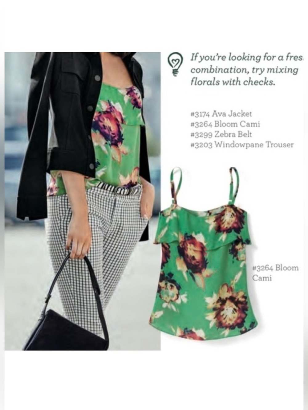 CAbi #3264 Bamboo Forest Bloom Cami Adjustable Tank Top Green Floral Layered